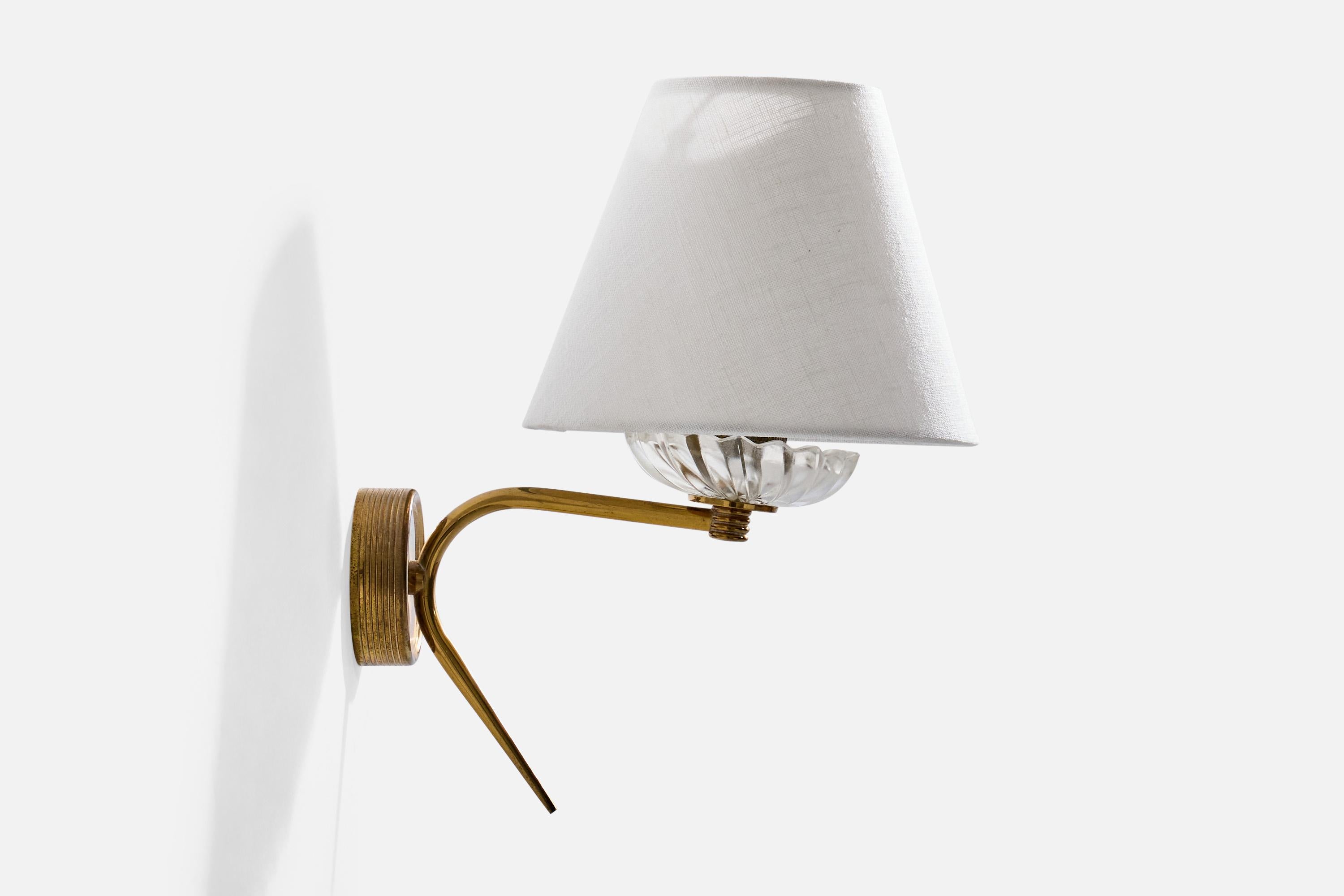 Mid-20th Century French Designer, Wall Light, Brass, Glass, Fabric, France, 1950s For Sale