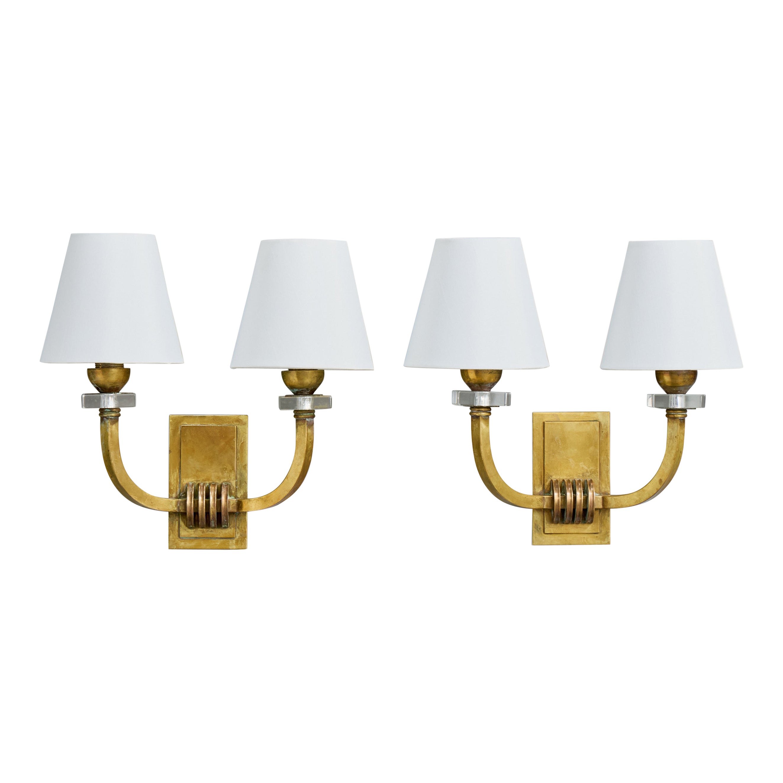 French Designer, Wall Light, Brass, Glass, Fabric, France, 1950s