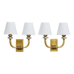 French Designer, Wall Light, Brass, Glass, Fabric, France, 1950s