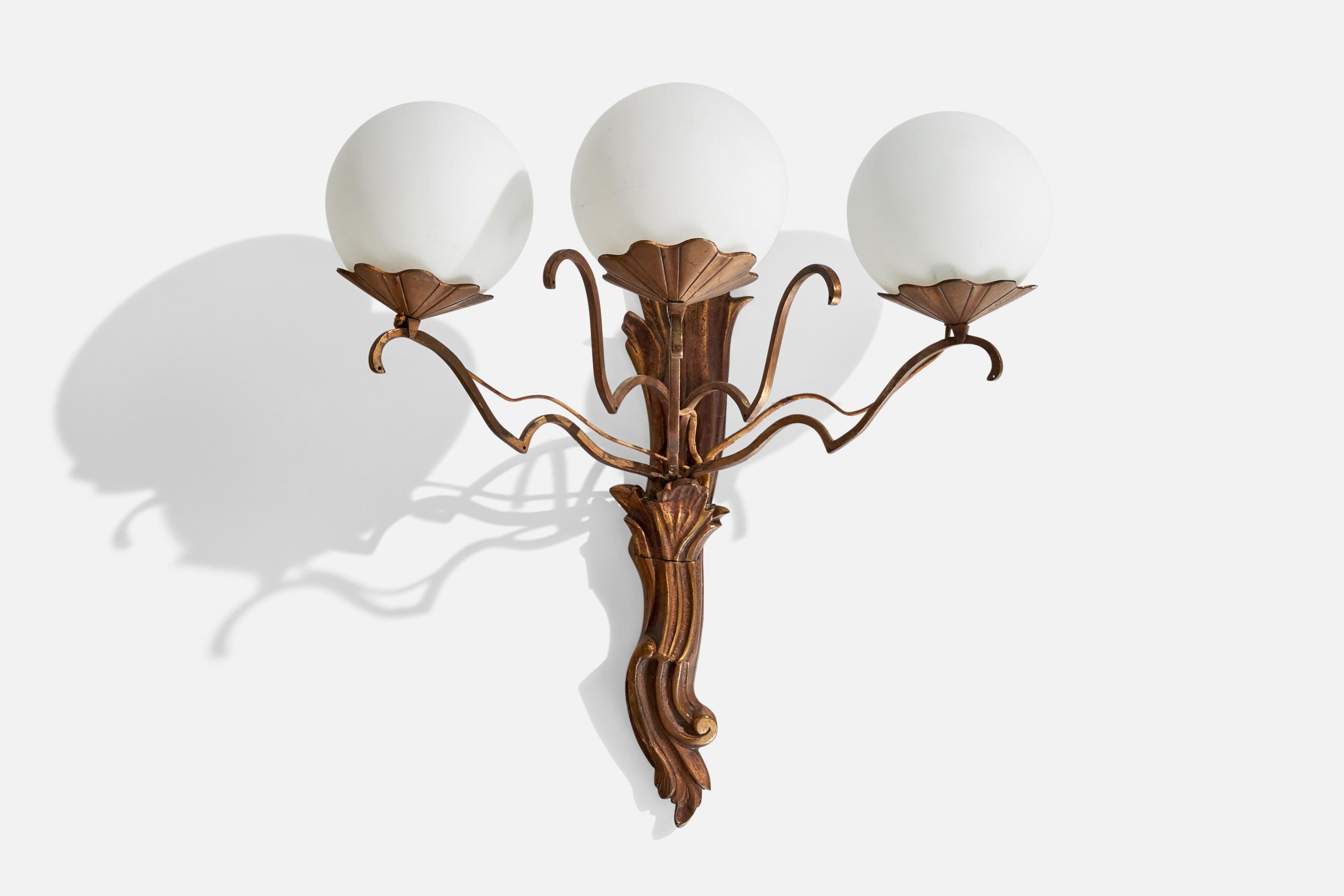 A brass and opaline glass wall light designed and produced in France, c. 1930s.

Overall Dimensions (inches):  18.25” H x  16.25” W x  9.75“D
Back Plate Dimensions (Inches):  16.25” H x 3.25” W x 1.5” D
Bulb Specifications: E-14 Bulbs
Number of