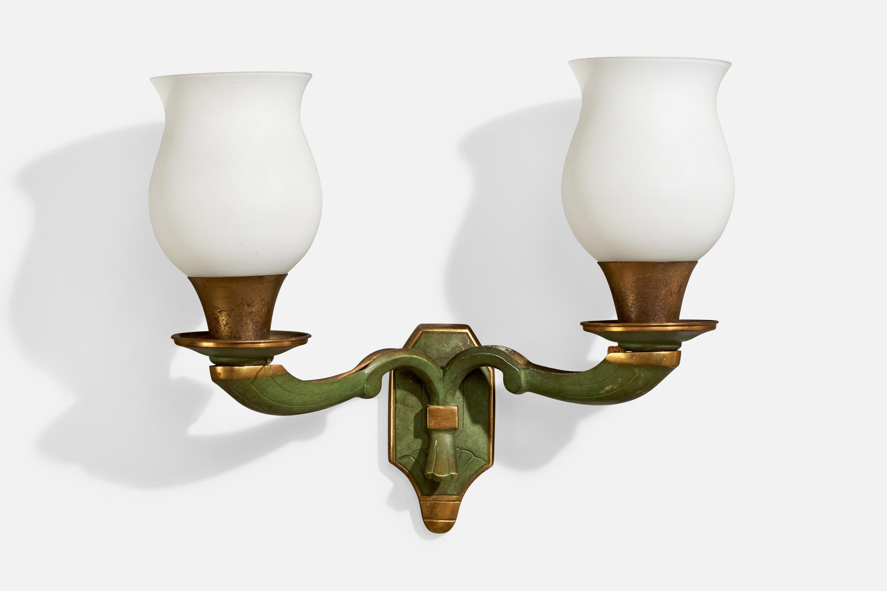 A green-painted brass and white opaline glass wall light designed and produced in France, c. 1930s.

Overall Dimensions (inches): 11.25” H x 13.75” W x 6.25“ D

Back Plate Dimensions (Inches): 5.25” H x 2.5” W x .75” D

Bulb Specifications: