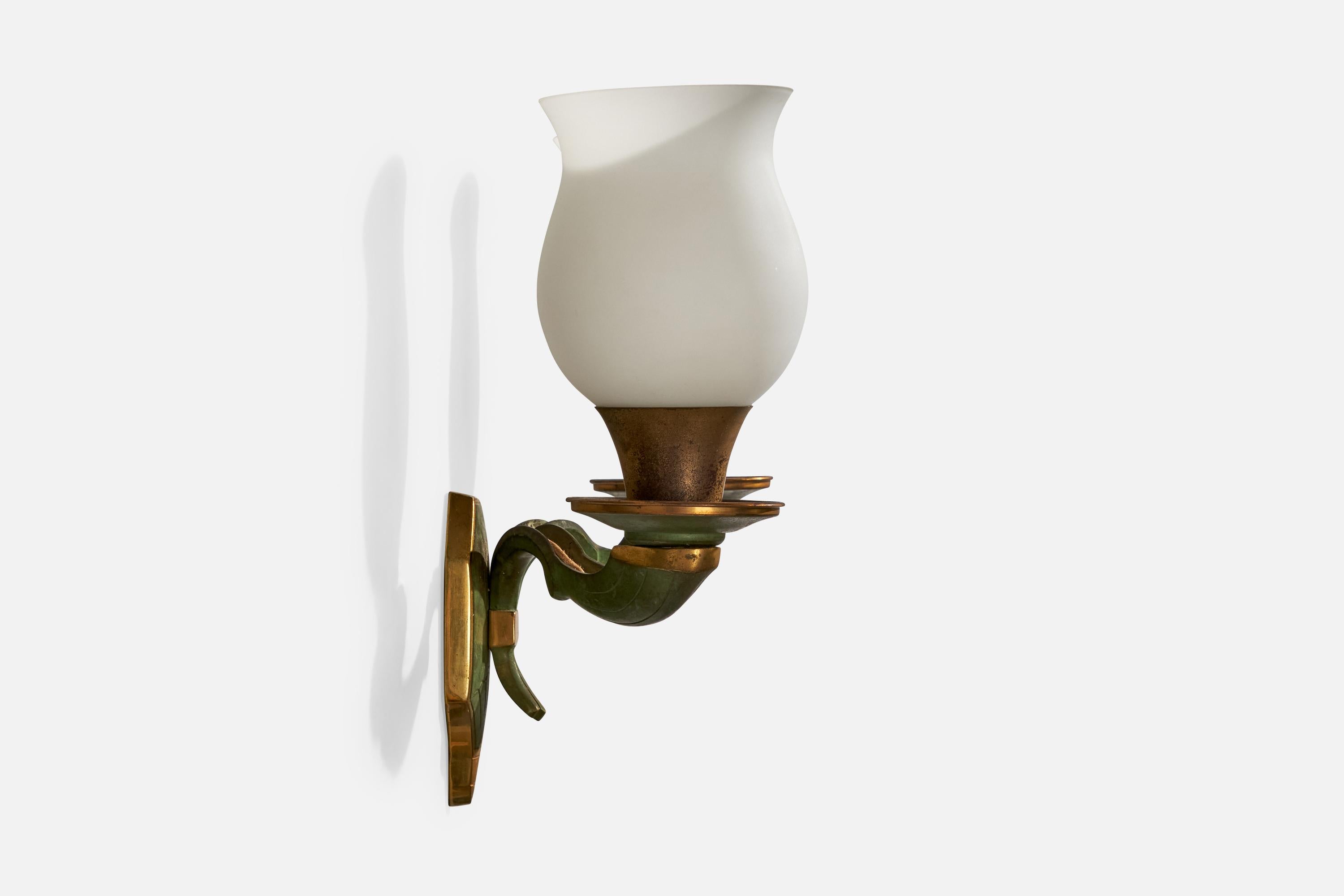 Mid-20th Century French Designer, Wall Light, Brass, Glass, France, 1930s For Sale