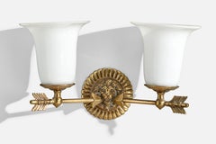 French Designer, Wall Light, Brass, Glass, France, 1940s
