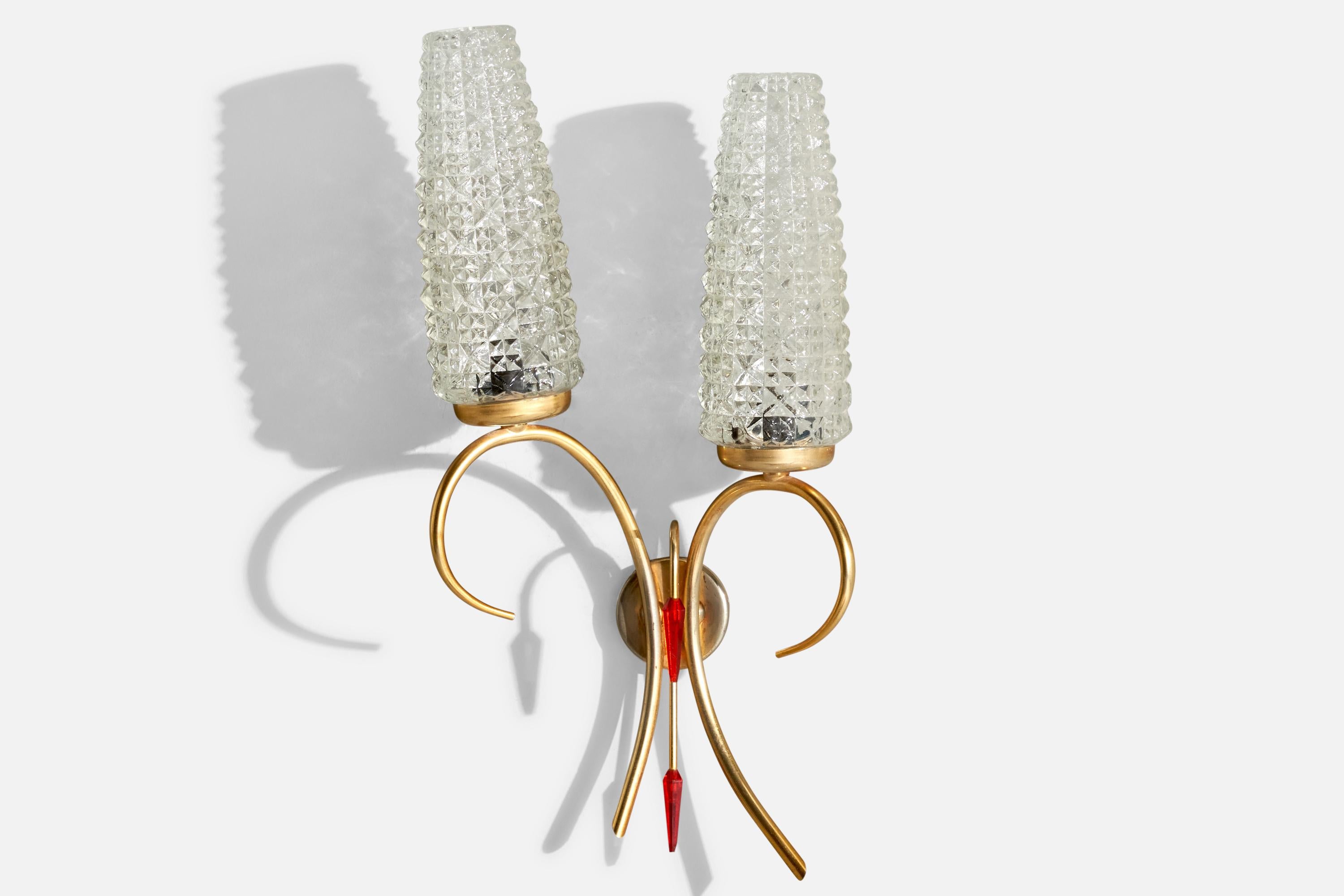 A brass and glass wall light designed and produced in France, c. 1950s.

Overall Dimensions (inches):  16.75” H x  8” W x  3.5“D
Back Plate Dimensions (Inches):  2.125” H x 2.125” W x .625” D
Bulb Specifications: E-14 Bulbs
Number of Sockets (per