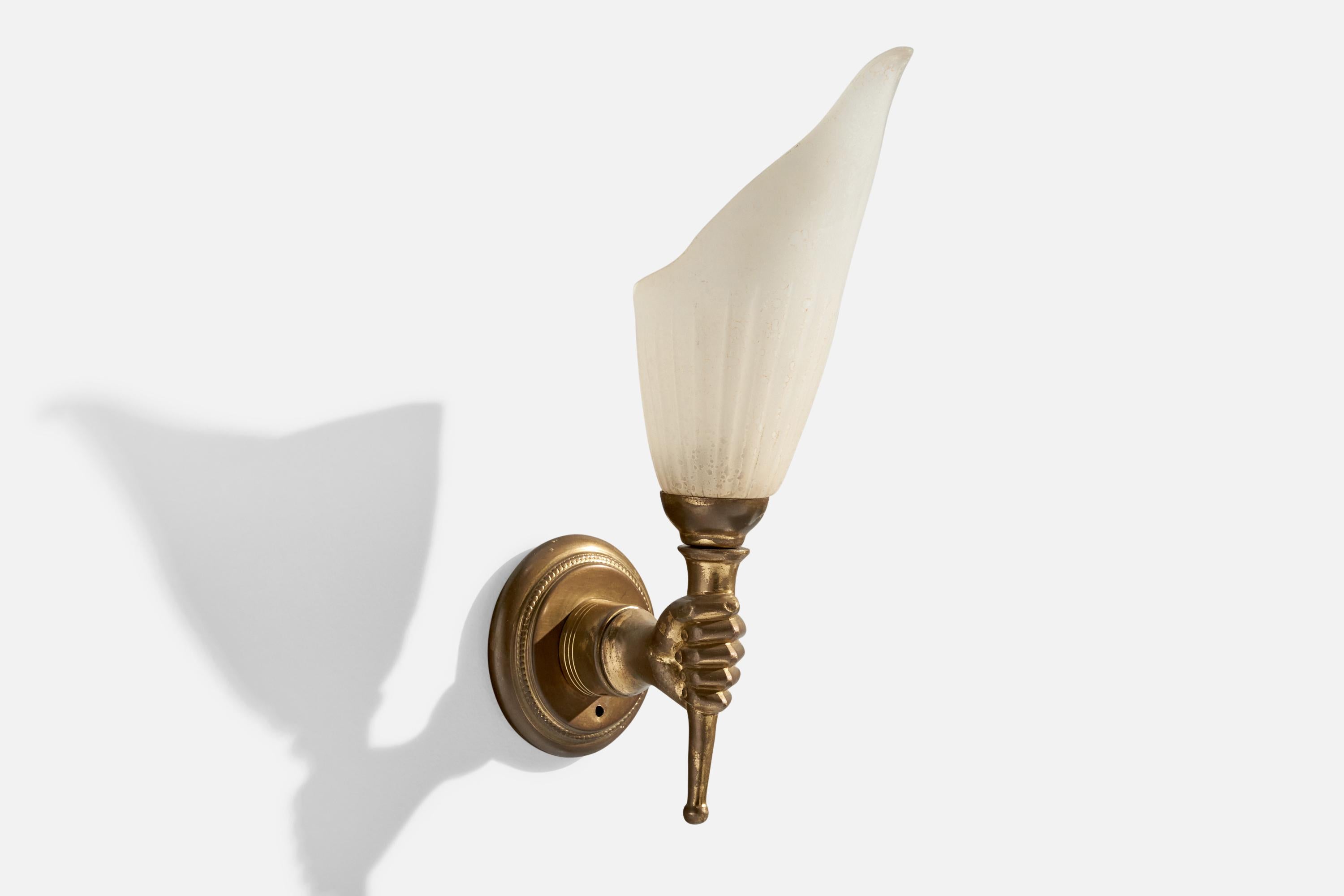 A brass and opaline glass wall light designed and produced in France, c. 1950s.

Overall Dimensions (inches):  11.75” H x  3.25” W x  6.875“D

Back Plate Dimensions (Inches):  3.375” H x 3.375” W x .625” D

Bulb Specifications: Bayonet Bulbs

Number