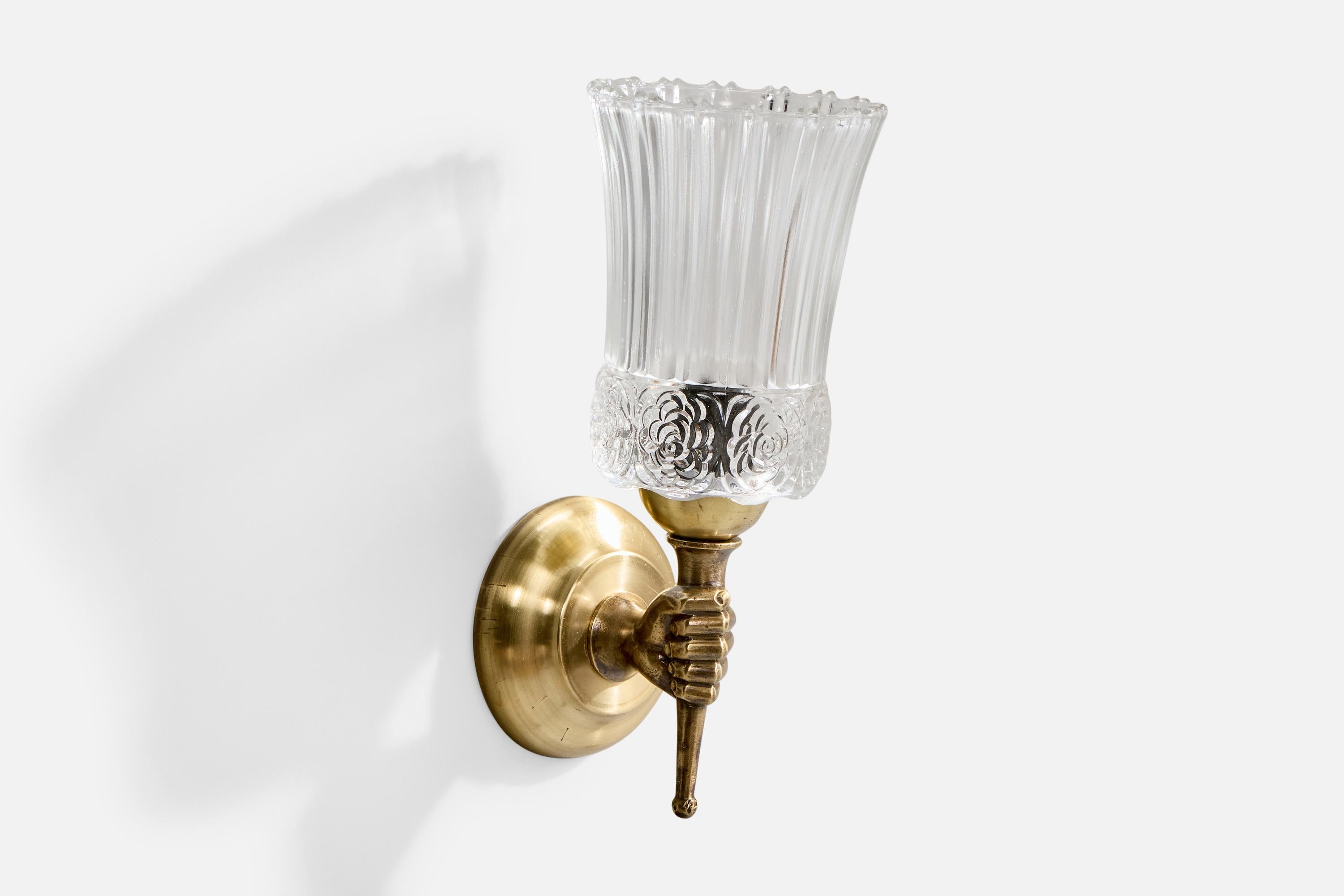 A brass and glass wall light designed and produced in France, c. 1950s.

Overall Dimensions (Inches): 10.625