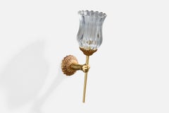 French Designer, Wall Light, Brass, Glass, France, 1950s
