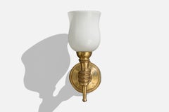 French Designer, Wall Light, Brass, Glass, France, 1950s