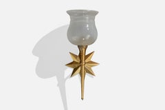 French Designer, Wall Light, Brass, Glass, France, 1950s