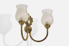 French Designer, Wall Light, Brass, Glass, France, 1950s