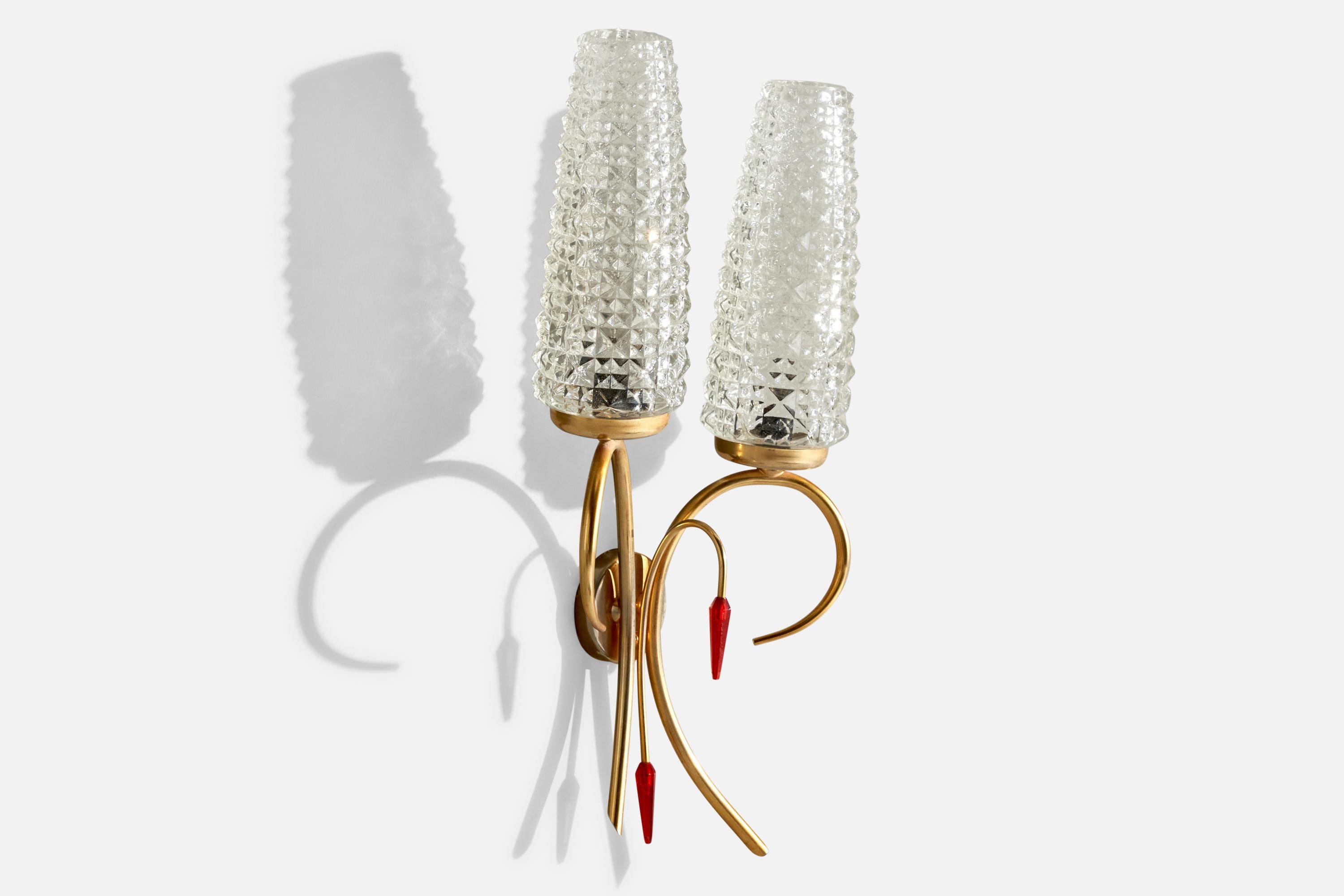 Mid-Century Modern French Designer, Wall Light, Brass, Glass, France, 1950s For Sale