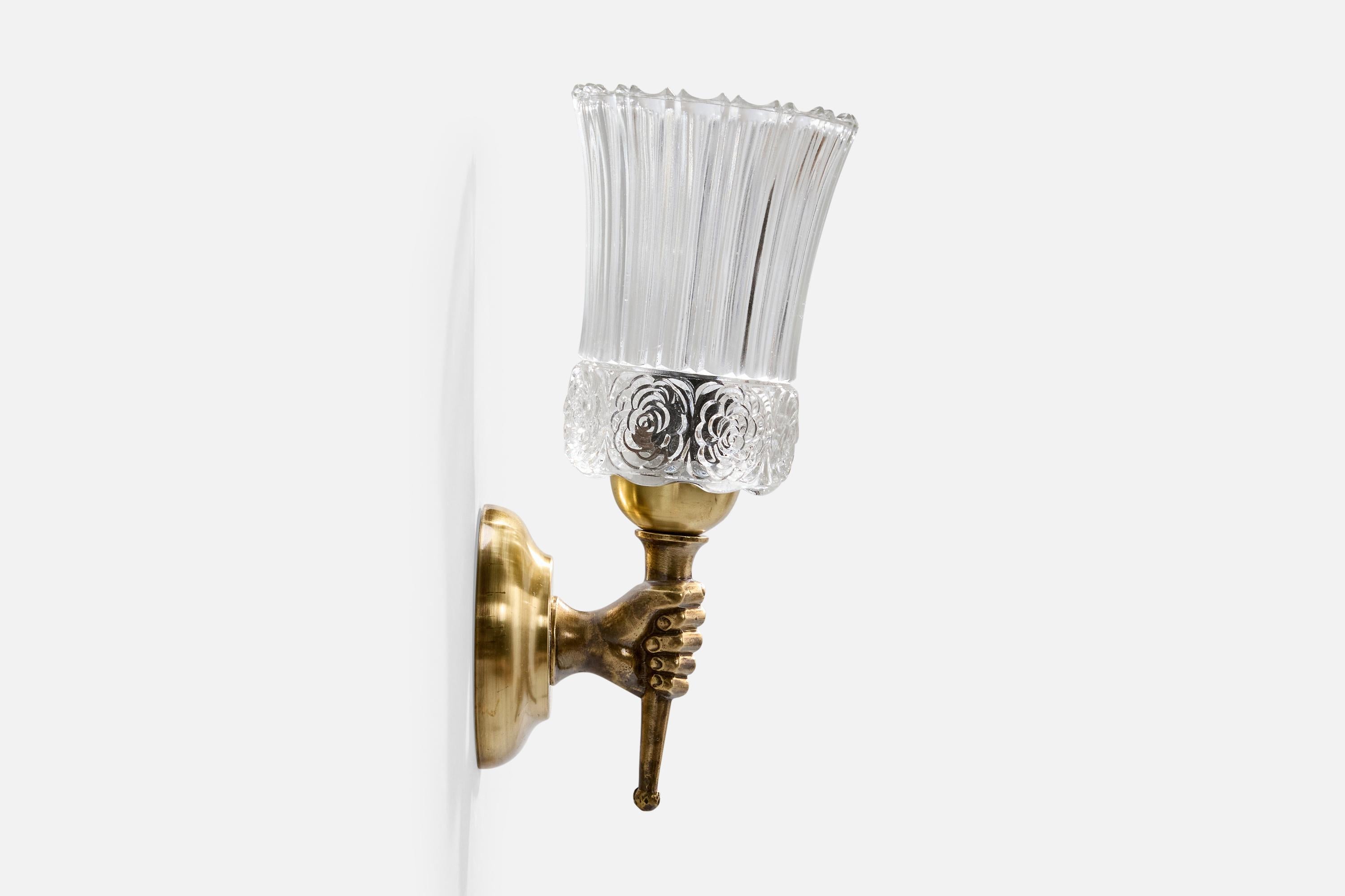Francese French Designer, Wall Light, Brass, Glass, France, 1950s in vendita