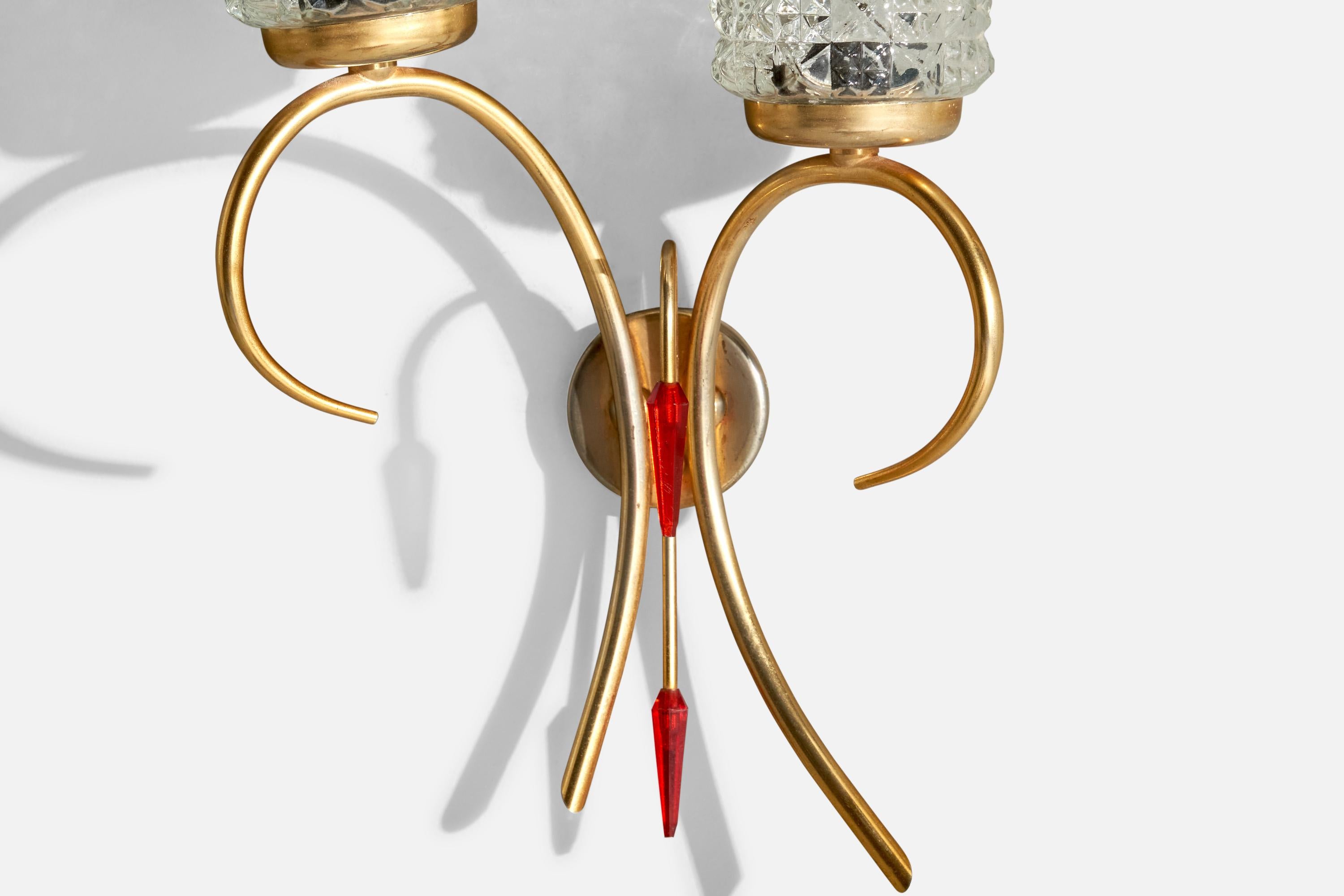 Mid-20th Century French Designer, Wall Light, Brass, Glass, France, 1950s For Sale