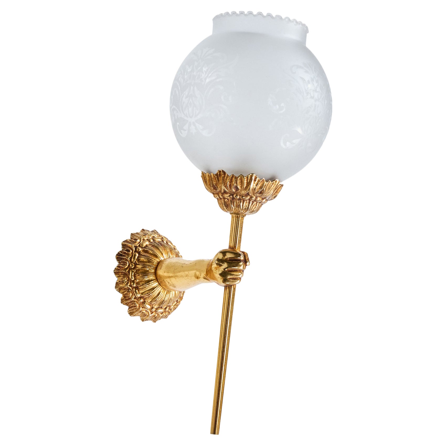 Französische Designerin, Wandleuchte, Messing, Glas, Frankreich, 1950er Jahre