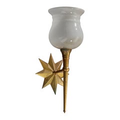 French Designer, Wall Light, Brass, Glass, France, 1950s