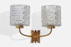 Lampada da parete di design francese, ottone, vetro, Francia, anni '1950