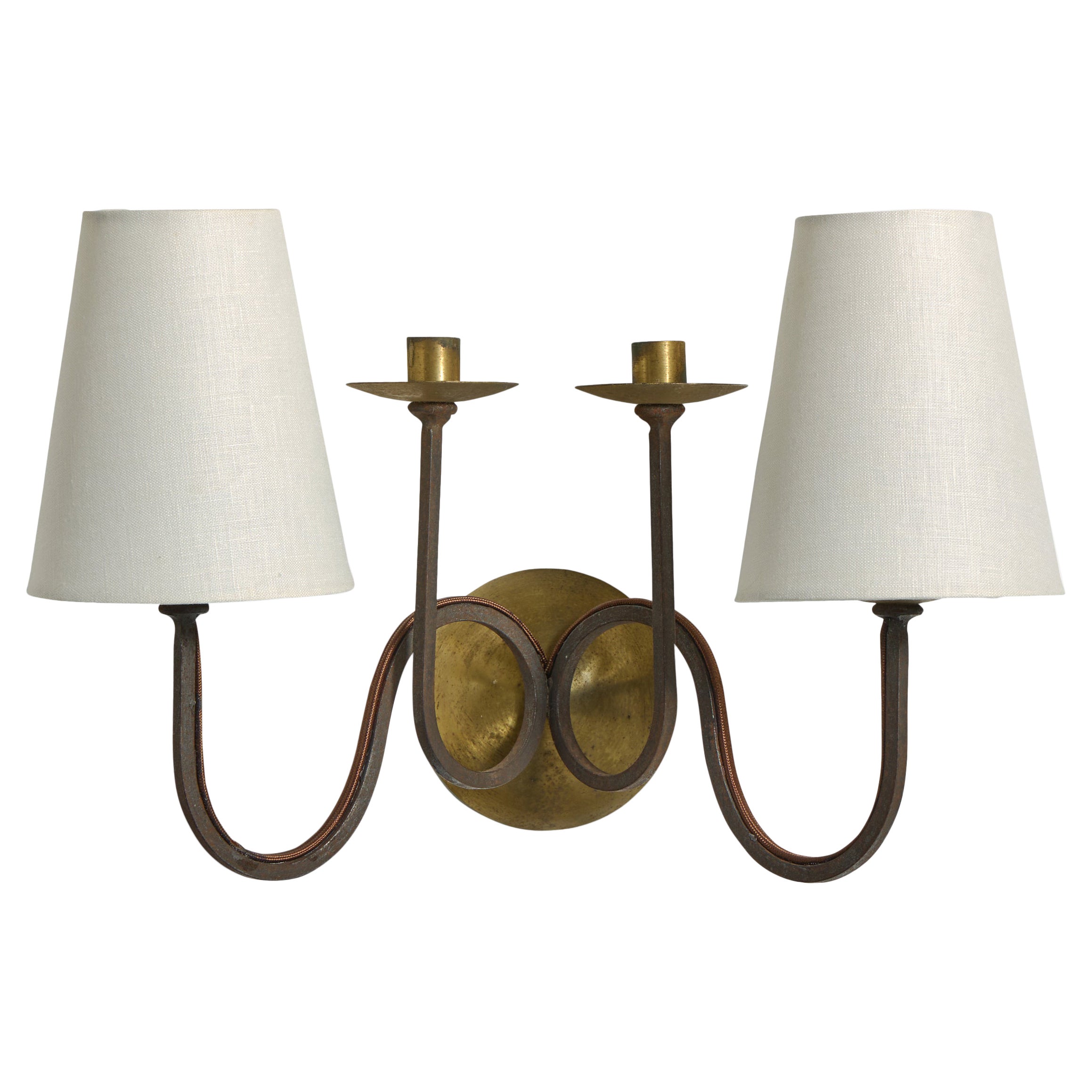 French Designer, Wall Light, Brass, Iron, Fabric, France, 1940s