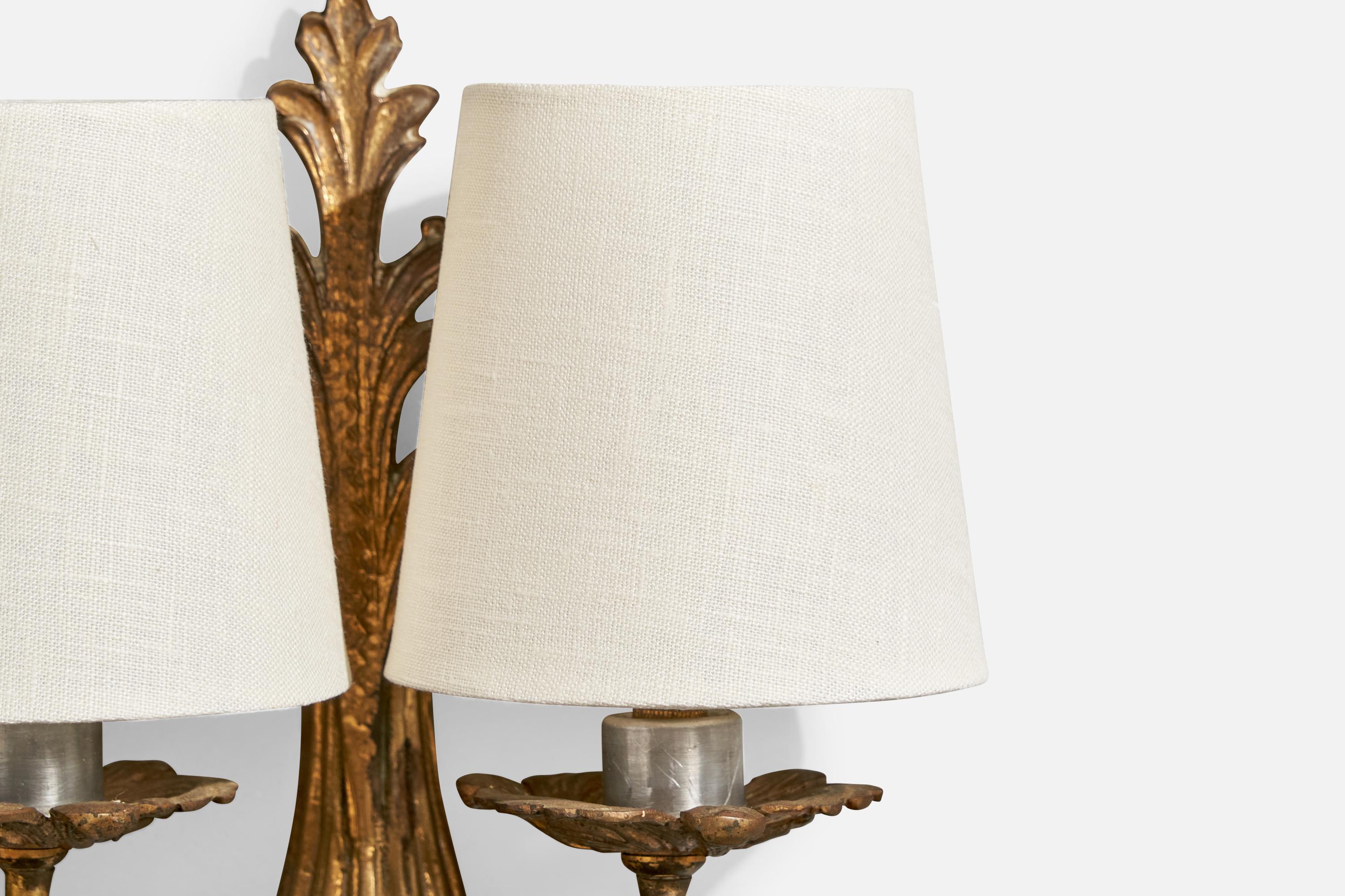 French Designer, Wall Light, Brass, Metal, Fabric, 1940s For Sale 1