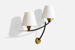 French Designer, Wall Light, Brass, Metal, Fabric, France, 1950s