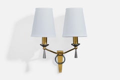 Französische Designerin, Wandleuchte, Messing, Metall, Stoff, Frankreich, 1950er Jahre