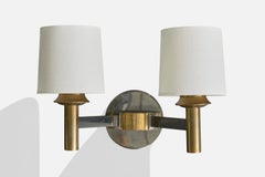 French Designer, Wall Light, Brass, Metal, Fabric, France, 1950s