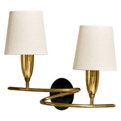 French Designer, Wall Light, Brass, Metal, Fabric, France, 1950s