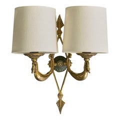 French Designer, Wall Light, Brass, Metal, Fabric, France, 1950s