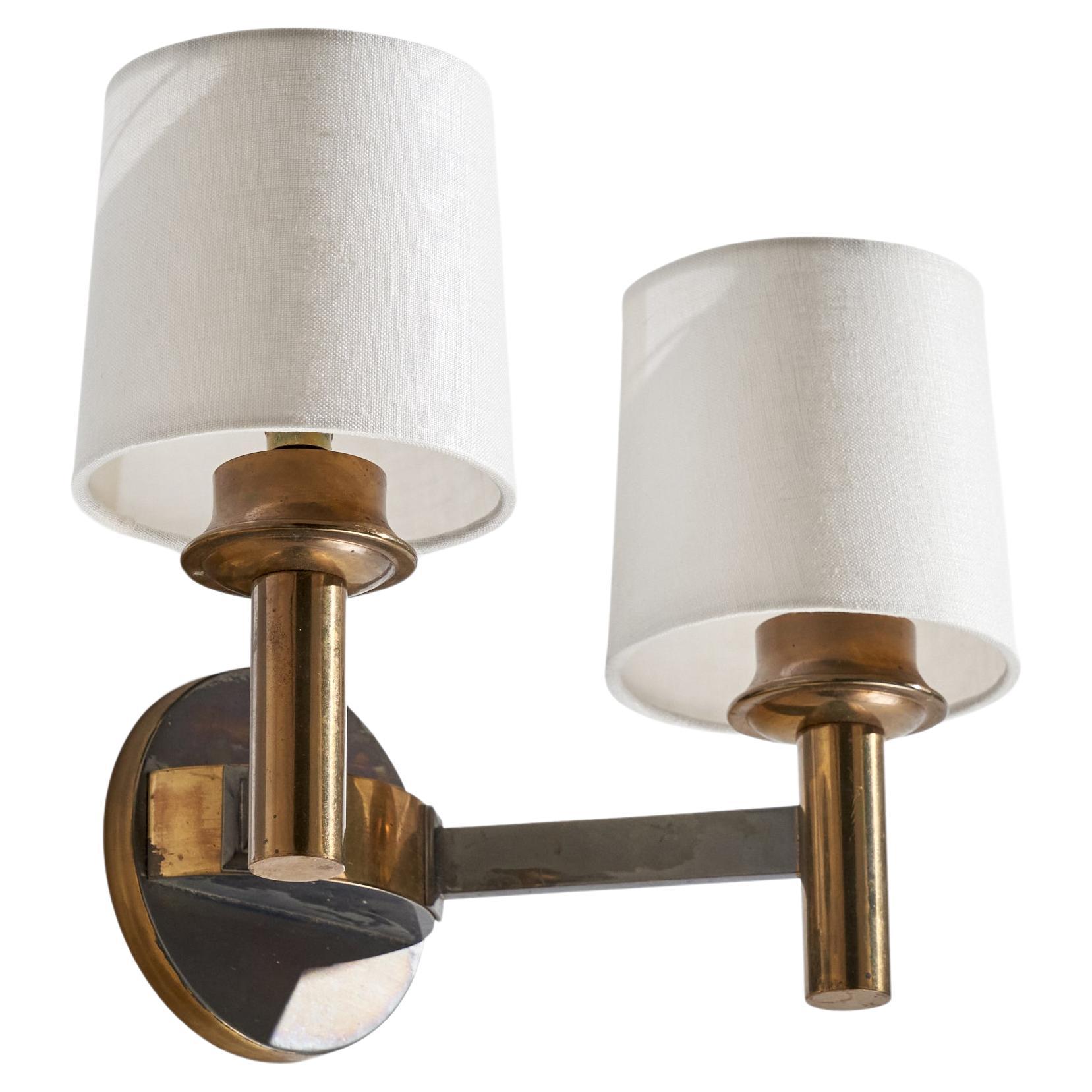 French Designer, Wall Light, Brass, Metal, Fabric, France, 1950s