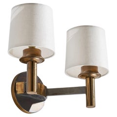 French Designer, Wall Light, Brass, Metal, Fabric, France, 1950s