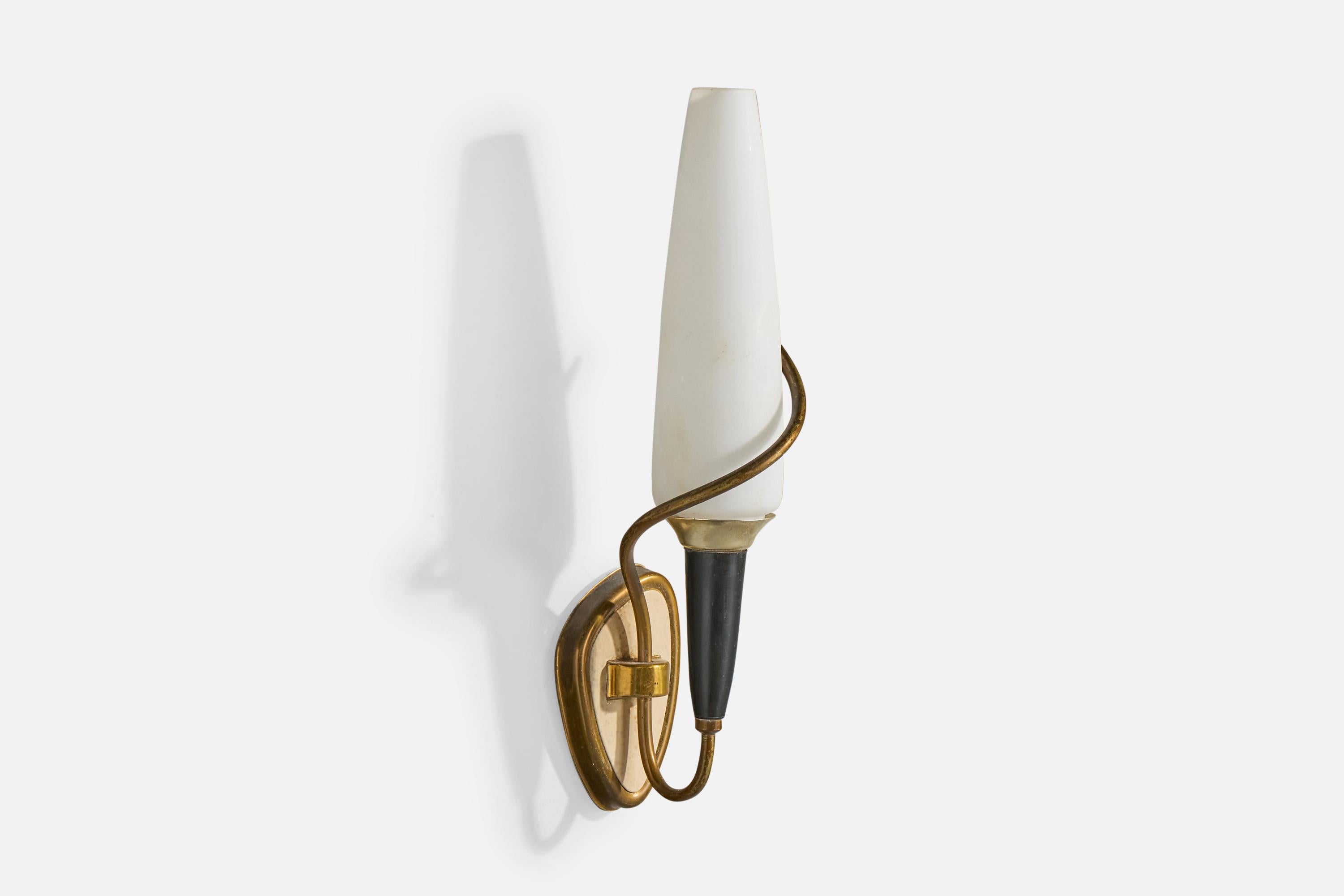A brass, cream-white, black-lacquered metal and white opaline glass wall light designed and produced in France, c. 1950s.

Overall Dimensions (inches):  14” H x  3.5” W x  4.25“D

Back Plate Dimensions (Inches):  5” H x 3.25” W x .75” D

Bulb