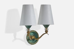 French Designer, Wall Light, Brass, Metal, Glass, Fabric, France, 1950s