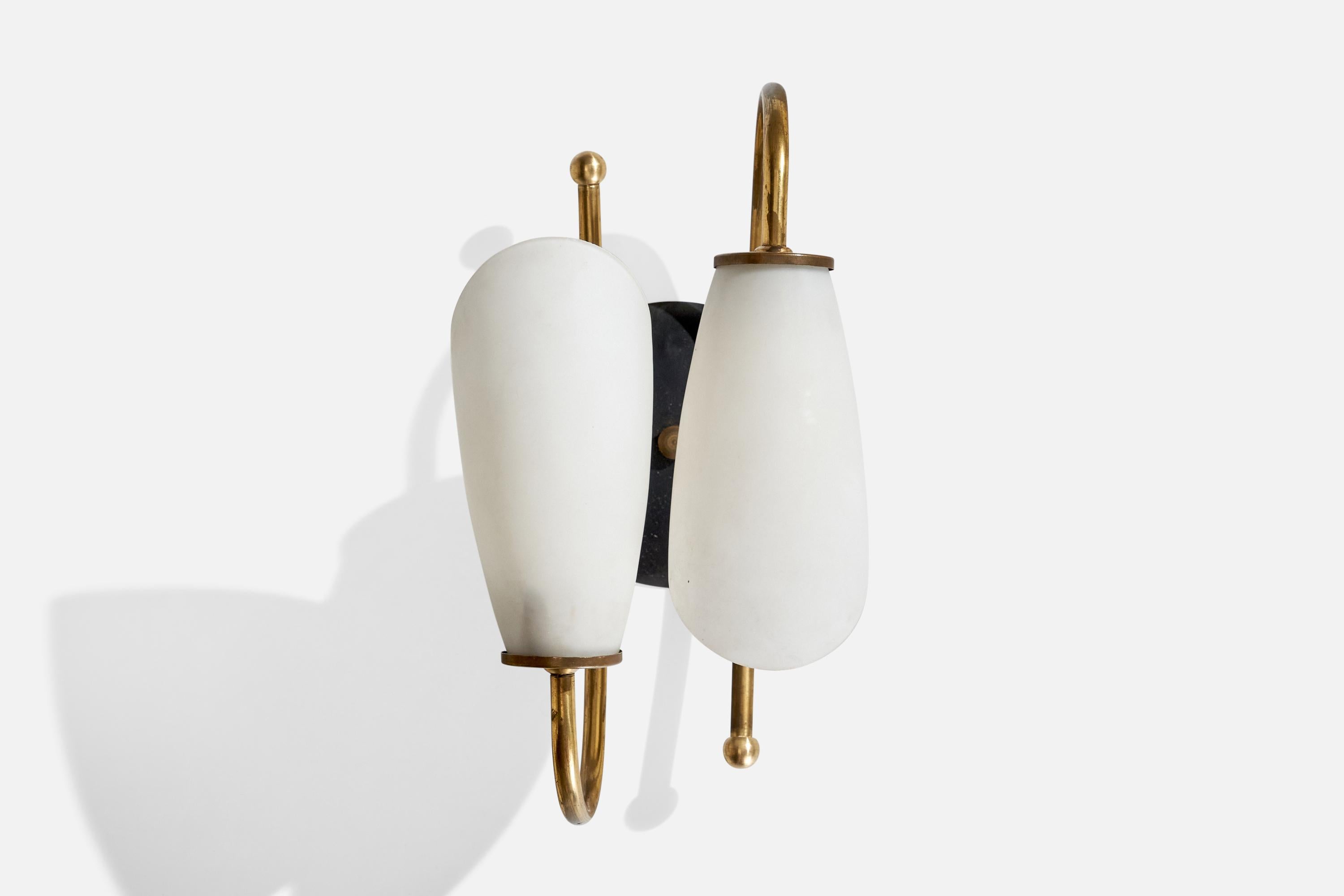 A brass, black-lacquered metal and opaline glass wall light designed and produced in France, c. 1950s.

Overall Dimensions (inches):  11.75” H x  6.25” W x  7“D

Back Plate Dimensions (Inches): 4.875 ” H x 4.875” W x .75” D

Bulb Specifications: