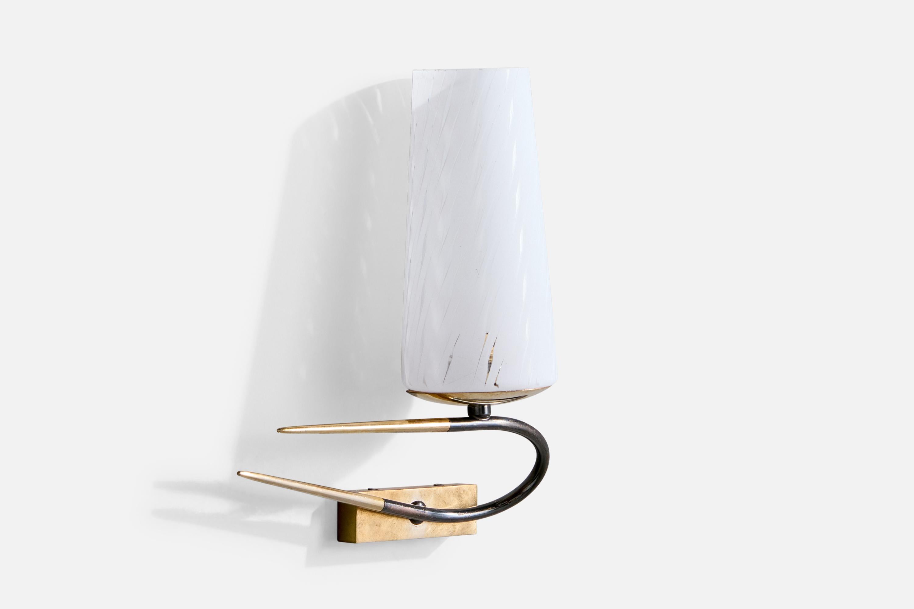 A brass, black-lacquered metal and white opaline glass wall light designed and produced in France, c. 1950s.

Overall Dimensions (Inches): 11.5” H x 8.4” W x 3.9“ D

Back Plate Dimensions (Inches): 3.6” H x 1.2” W x .75” D

Bulb Specifications: