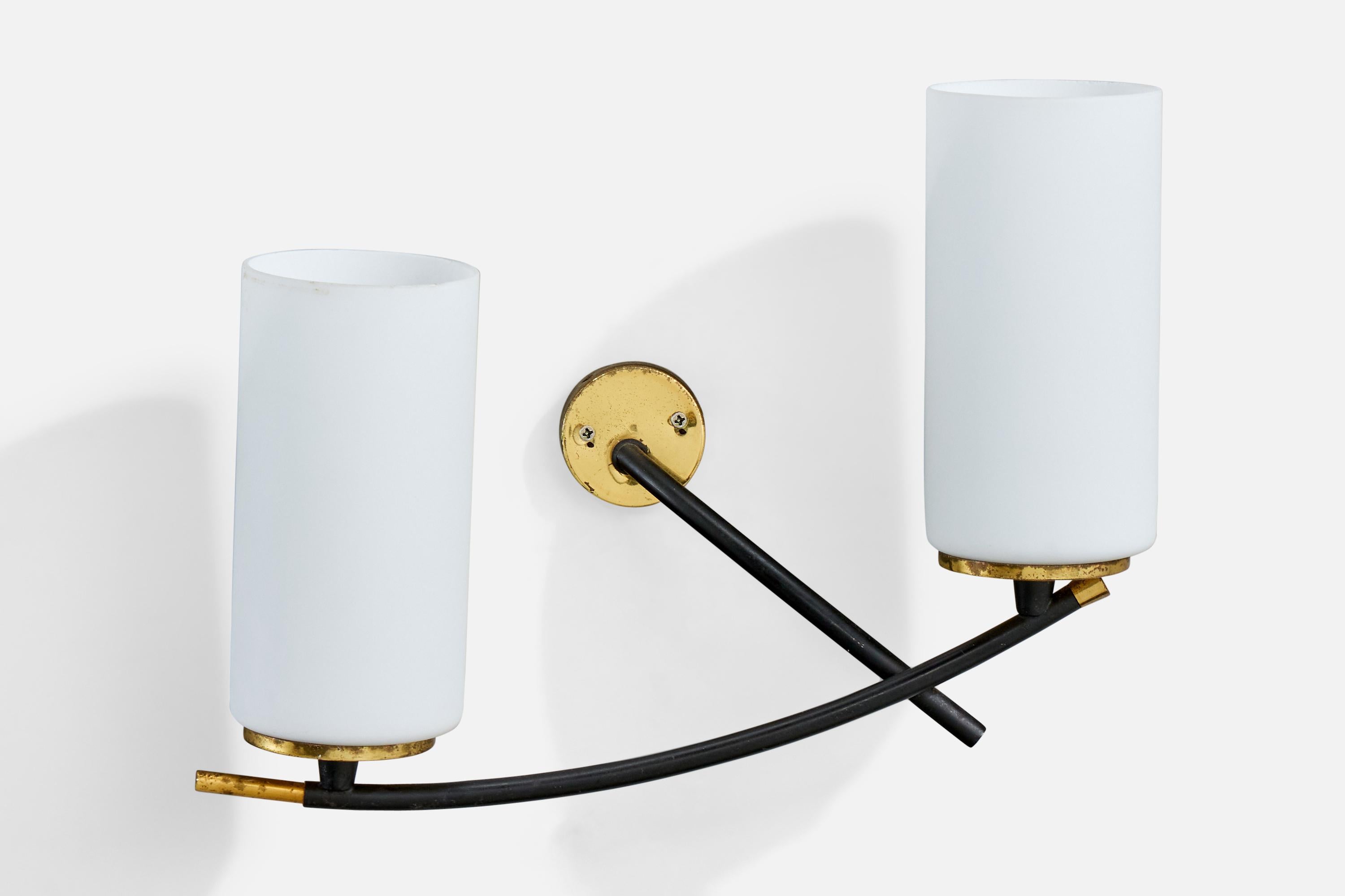 A brass, black-lacquered metal and white opaline glass wall light designed and produced in France, c. 1950s.

Overall Dimensions (Inches): 10.25