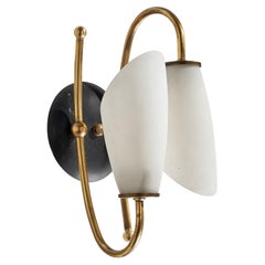 French Designer, Wall Light, Brass, Metal, Glass, France, 1950s