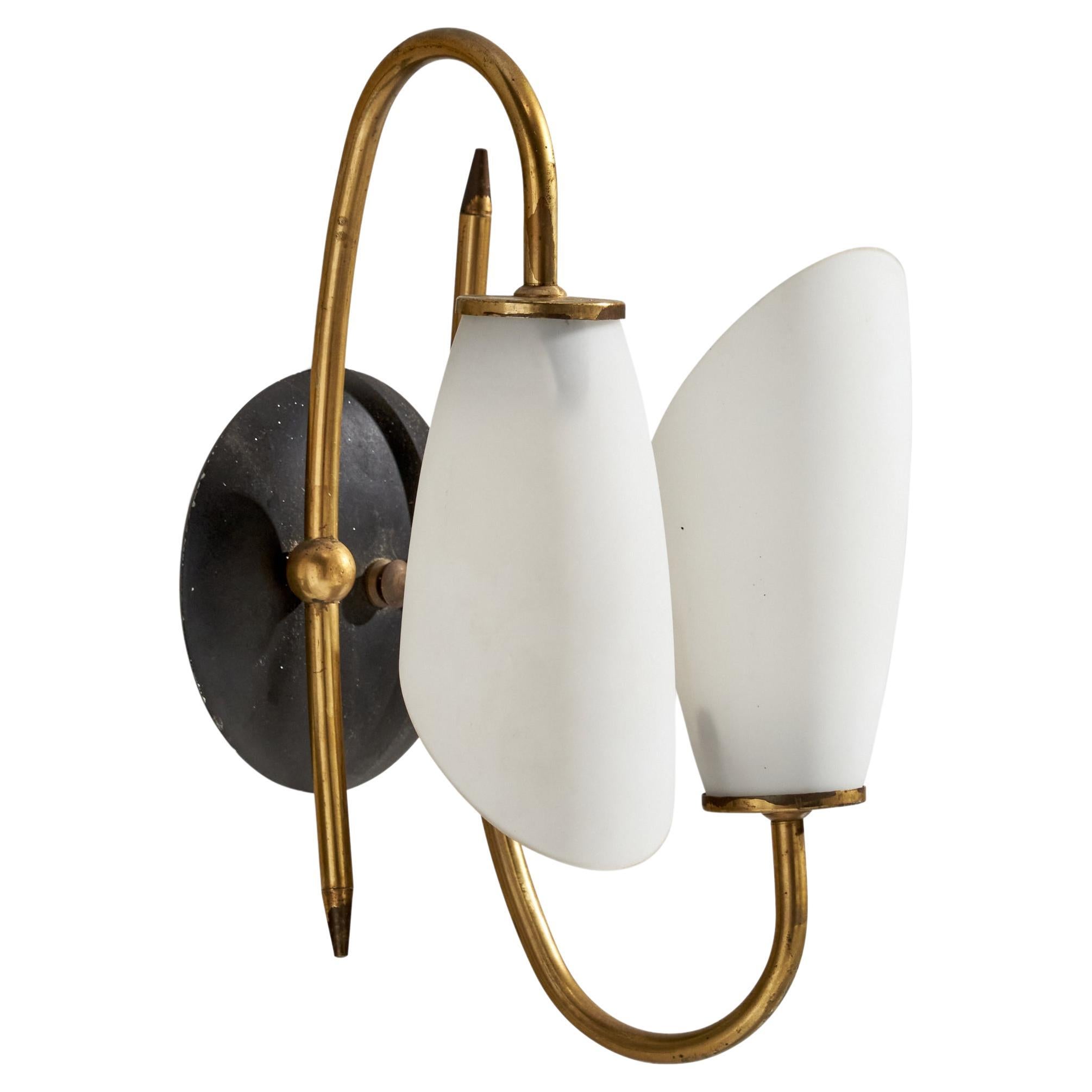 French Designer, Wall Light, Brass, Metal, Glass, France, 1950s