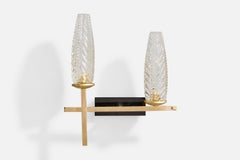 French Designer, Wall Light, Brass, Metal, Glass, France, 1960s