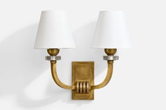 French Designer, Wall Light, Brass, Metal, Plexiglass, Fabric, France, 1950s