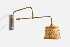 French Designer, Wall Light, Brass, Metal, Rattan, France, 1950s