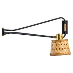 French Designer, Wall Light, Brass, Metal, Rattan, France, 1950s