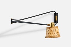 French Designer, Wall Light, Brass, Metal, Rattan, France, 1950s