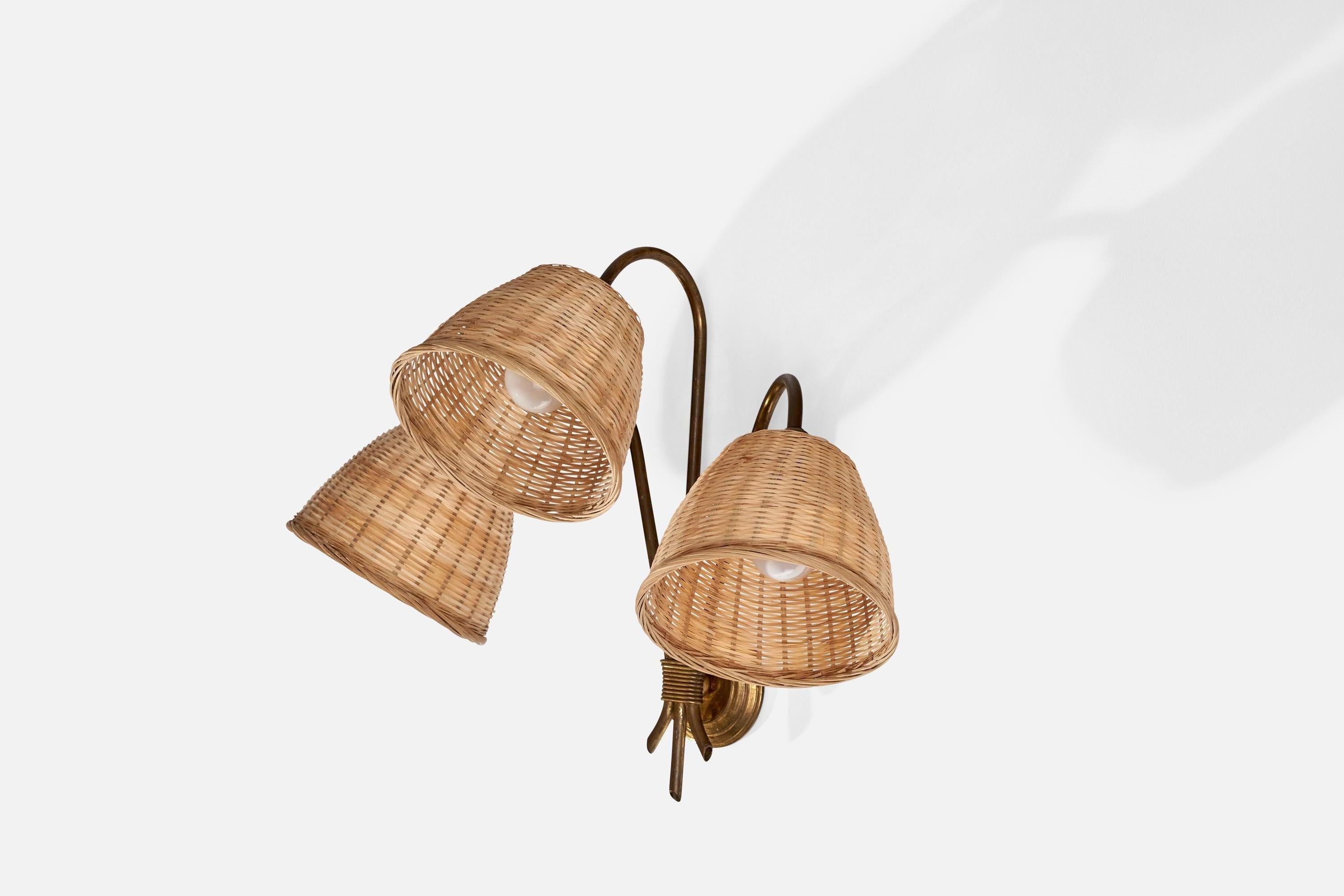 Modern French Designer, Wall Light, Brass, Rattan, France, 1940s