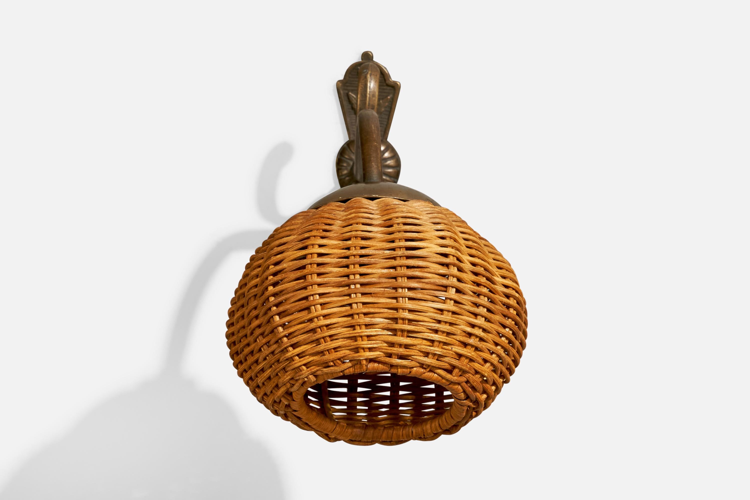 Art Nouveau French Designer, Wall Light, Brass, Rattan, France, 1940s For Sale