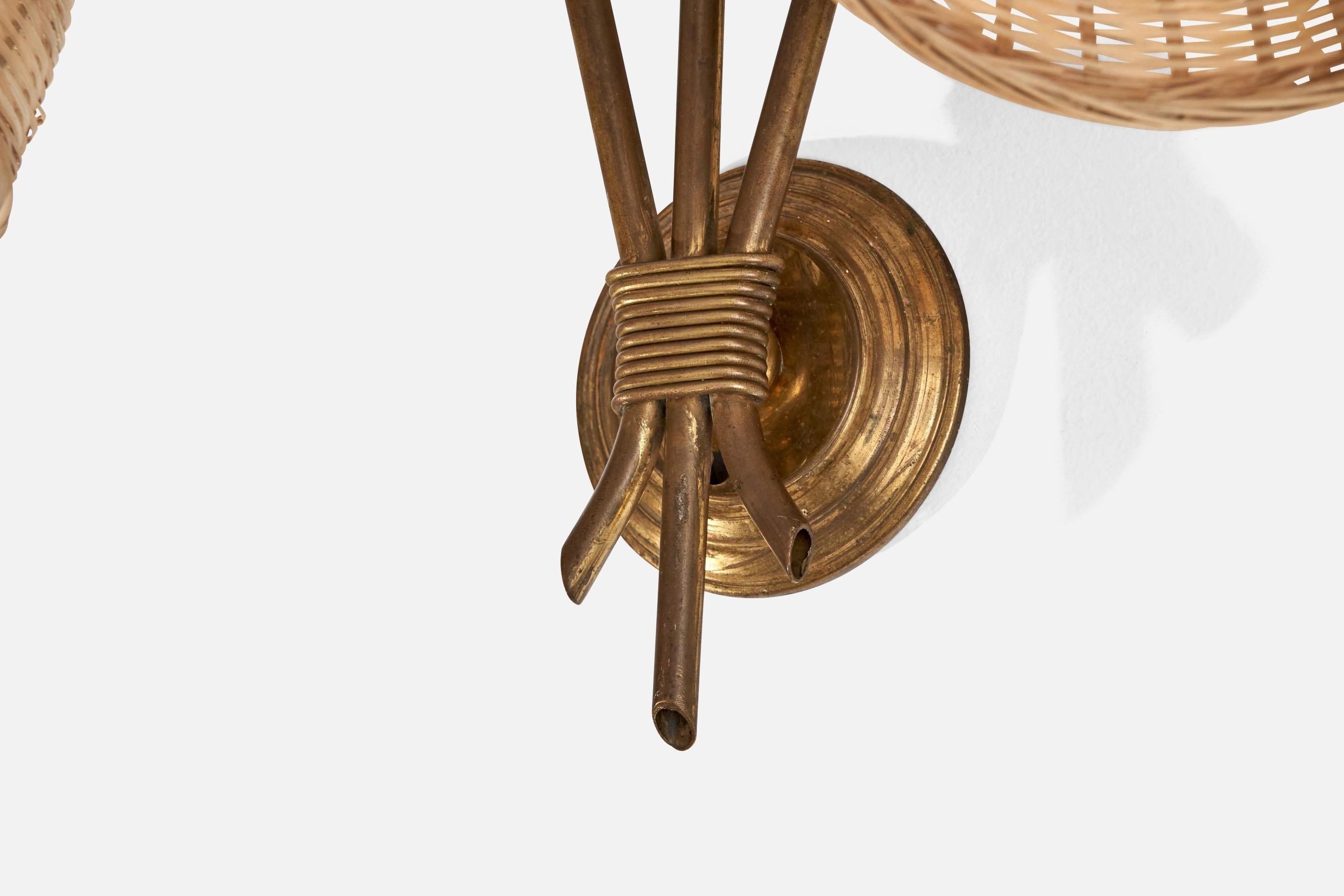 Mid-20th Century French Designer, Wall Light, Brass, Rattan, France, 1940s For Sale