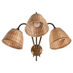 French Designer, Wall Light, Brass, Rattan, France, 1940s