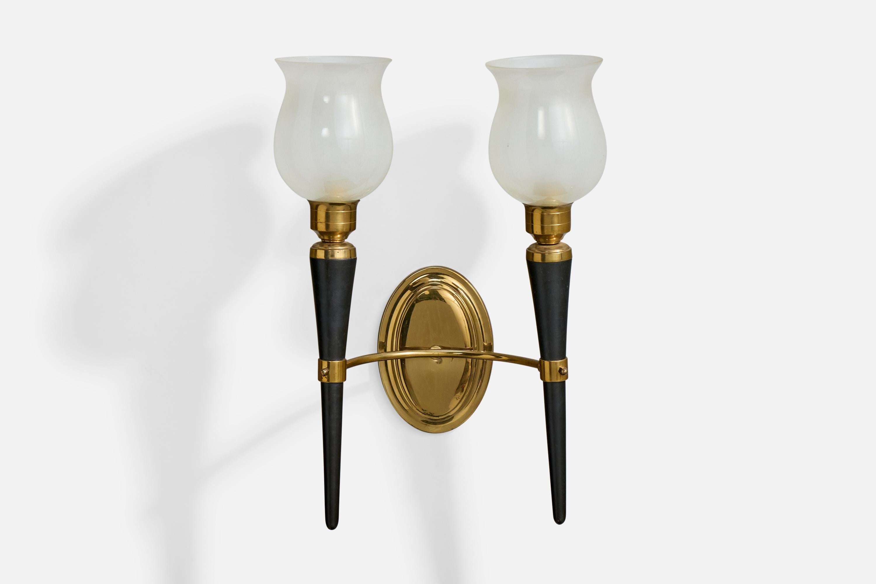 Mid-Century Modern Design-Light français, laiton, Wood, verre, France, années 1950 en vente