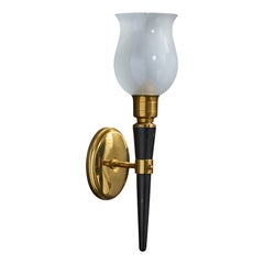 Lampada da parete di design francese, ottone, legno, vetro, Francia, anni '50