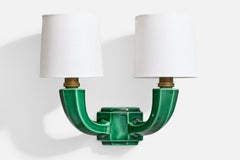 French Designer, Wall Light, Ceramic, Brass, Fabric, France, 1950s