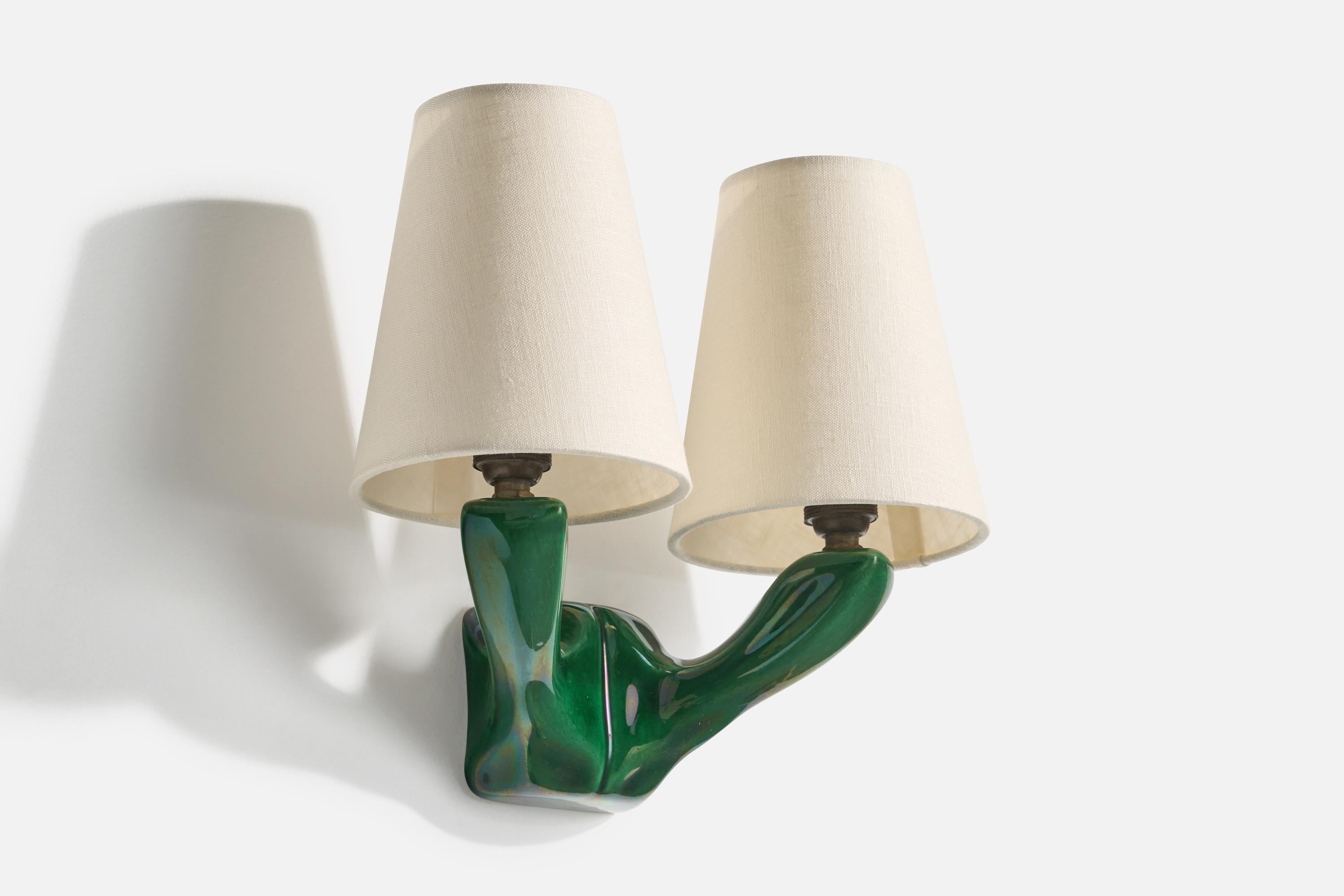 Mid-Century Modern French Designer, Wall Light, Ceramic, Brass, Fabric, France, 1950s