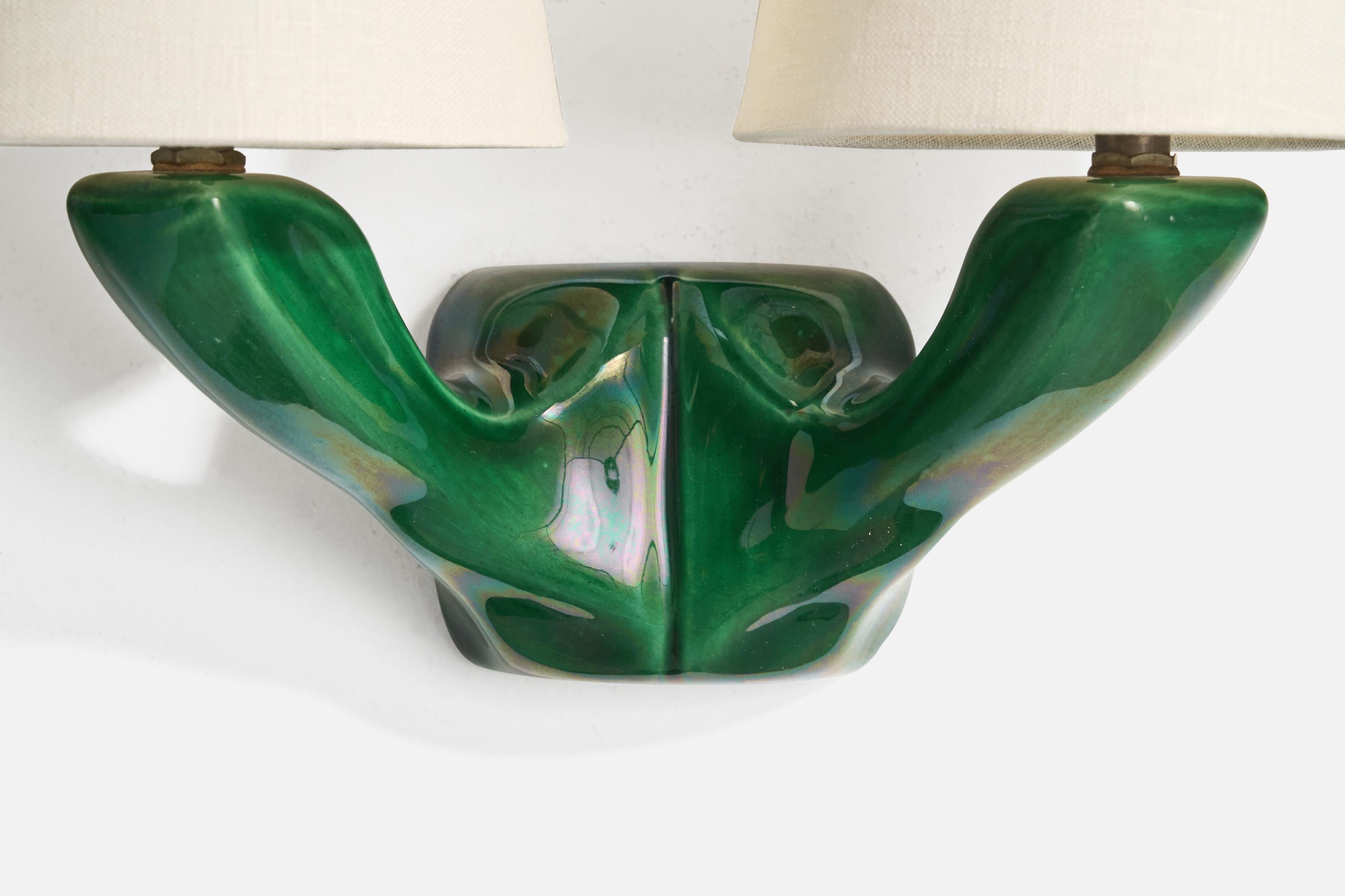 French Designer, Wall Light, Ceramic, Brass, Fabric, France, 1950s 1